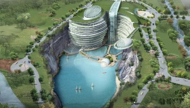 Xitoyda karyer ichiga qurilayotgan 5 yulduzli mehmonxonaning qurilish ishlari nihoyalab qoldi