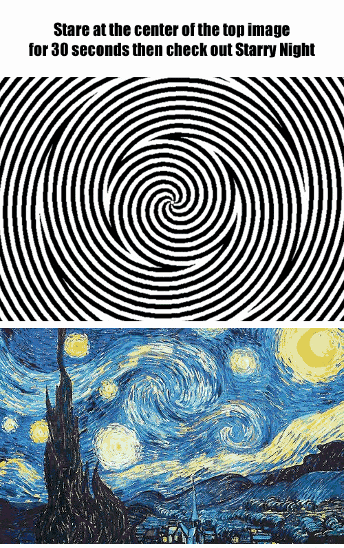 Shuncha spiral o‘rtasiga 30 soniya qarab turing va diqqatingizni pastda joylashgan Van G‘og sur‘atiga jamlang.