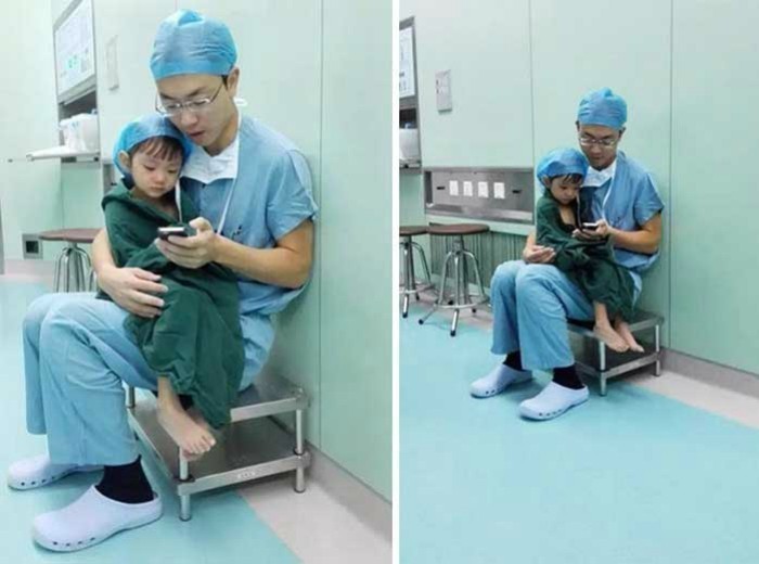 10. Operatsiyadan qo'rqib turgan bemor qizaloq bilan birga doktor multfilm ko'rmoqda