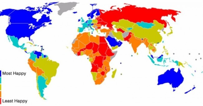 5. Baxtni global indeksi. Ko’k rang – eng baxtli odamlar, qizil – baxtsizlari.