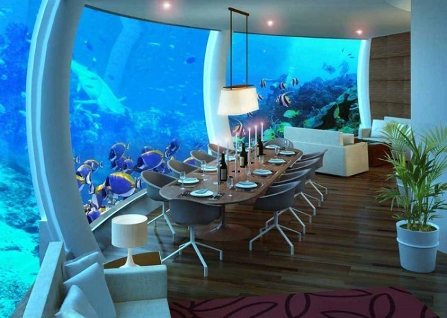 Poseidon Undersea Resort mehmonxonasidagi suv osti restorani